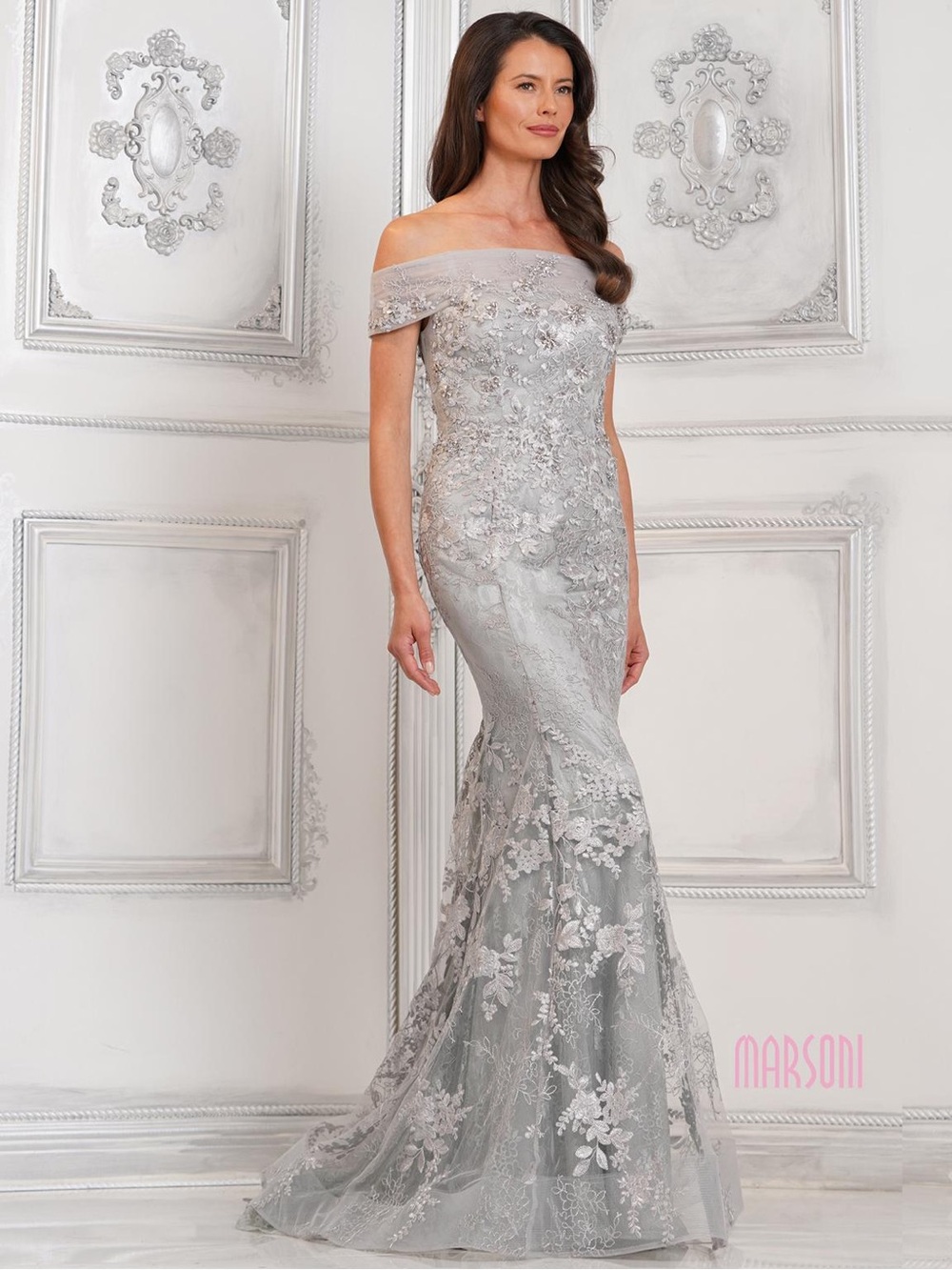 Elegant Off-Shoulder Silver Lace Evening Gown